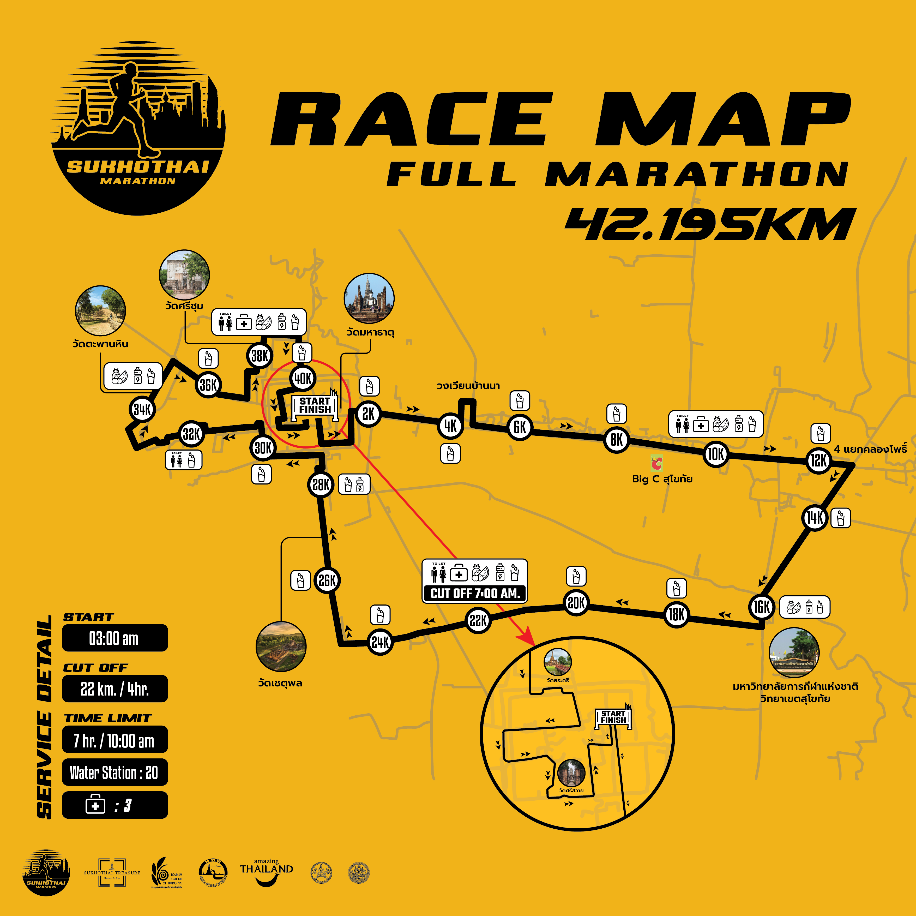 แผนที่เส้นทาง 42.195 KM Full Marathon — Sukhothai Marathon 2026